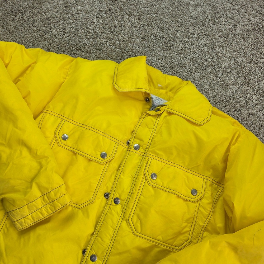 VINTAGE Gerry Down Puffer Jacket Mens Large Yellow Belted Made in USA 70s 80s